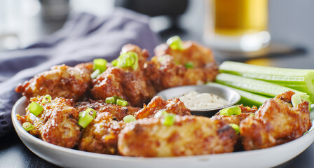 bbq garlic fried chicken wings with ranch dressing and celery sticks