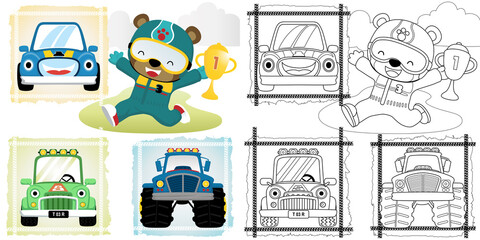 Vector cartoon illustration of bear the funny racer with racing cars, coloring book or page