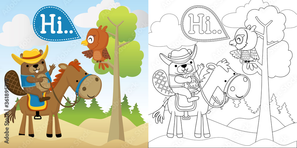 Wall mural Vector cartoon illustration of beaver in cowboy costume ride on funny donkey, coloring book or page