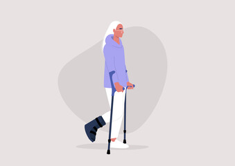 Young female character with a fractured leg using crutches to walk, health care