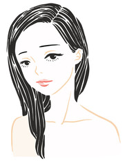 Hand drawn digital illustration of a beautiful woman with long black hairstyle.