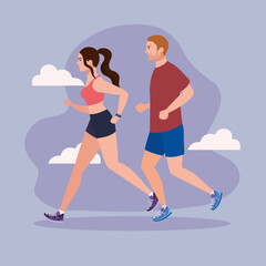 Obraz na płótnie Canvas couple jogging, woman and man running, people in sportswear jogging vector illustration design