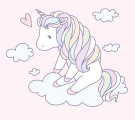 Obraz na płótnie Canvas Cute unicorn drawing sitting on a cloud. Kawaii unicorn vector illustration.