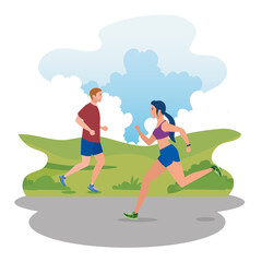 Obraz na płótnie Canvas couple jogging in park landscape, couple running outdoor, couple in sportswear jogging in nature vector illustration design