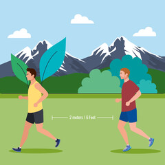 men jogging and keeping social distance on coronavirus covid 19, daily exercise outside vector illustration design