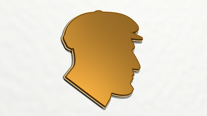 man with hat on the wall. 3D illustration of metallic sculpture over a white background with mild texture. girl and beautiful