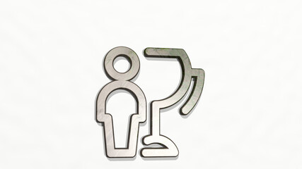 award trophy person from a perspective on the wall. A thick sculpture made of metallic materials of 3D rendering. illustration and background