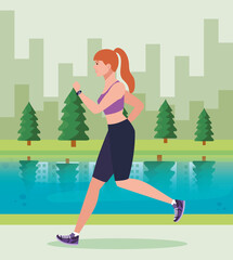 Fototapeta na wymiar woman running in park, woman in sportswear jogging outdoor, female athlete in landscape vector illustration design