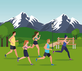people jogging mountainous landscape, people running outdoor avatar characters vector illustration design