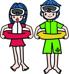 浮き輪を持つ男の子と女の子のイラスト