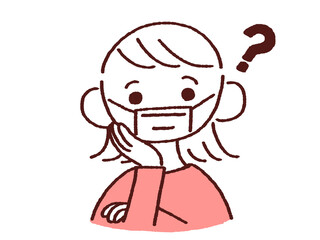 頬杖しながら疑問に思うマスク姿の若い女性