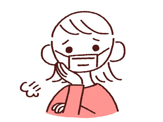 頬杖しながら困るマスク姿の若い女性