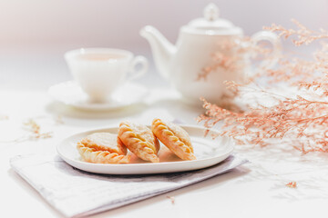 Thai traditional pastry curry puffs on white background.
