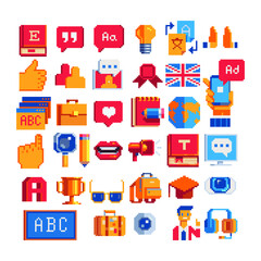 Branding logo pixel art icons big set. Advertise and marketing. Design elements of success startup of new product, agency planning and workflow, market analysis, business process development.