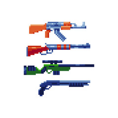 rifles, weapons pixel art icons set Kalashnikov assault rifle AK 47 and gun isolated vector illustration. Design for sticker and logo. Video game 8-bit sprite.