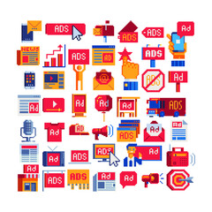 Branding logo pixel art icons big set. Advertise and marketing icons set. Design elements of success startup of new product,  market analysis, business process development.
