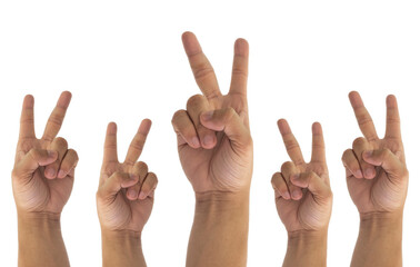 Closeup of man hand with two fingers up isolated on white background for counting sign of number 2, Symbols and gestures to encourage. Clipping Path.