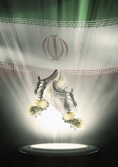 Football cleats with Iran flag backdrop