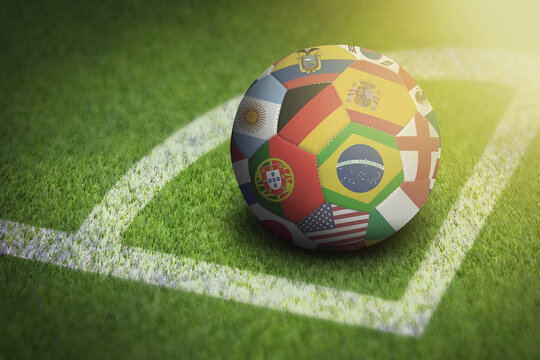 Taking corner with world flags soccer ball