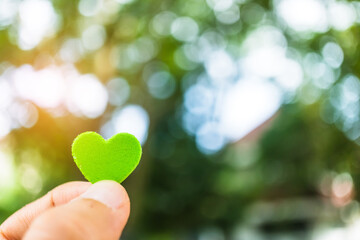 Obraz premium Hand hold little heart meaning feel love with green nature bokeh.