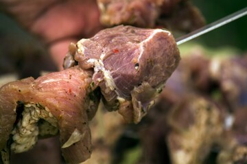 Cooking barbecue for frying on the grill close-up.