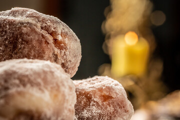 donuts in sweet powder. Holy evening, a table with 12 lenten dishes. traditional Christmas sweet meal in Ukraine. selective focus