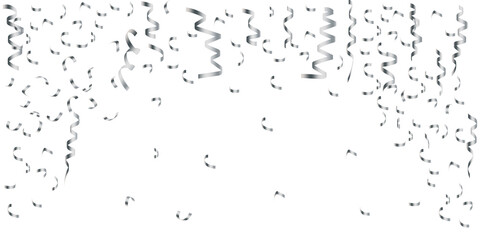 White background with falling serpentine and ribbons. Image for fun, party, celebration. Horizontal colorful template. Stock Photo.