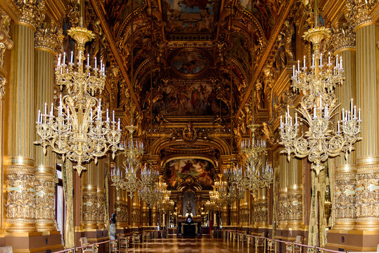 PARIS - APRIL 1, 2018: Chandelier of the Grand foye of the Palais Garnier, an opera house in Paris, France