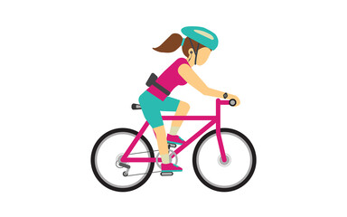 Fototapeta premium Woman riding bike cycling for fitness and listening music with gadget wireless earphone ,smartwatch and Waist bag vector illustration flat style.Isolate on white background.