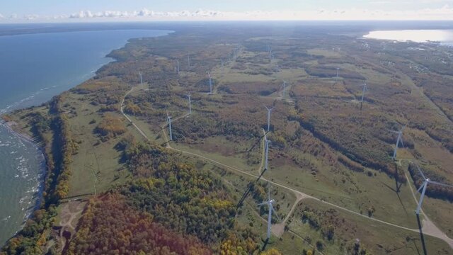 Aerial view of the wind generators in the cliff in Parki Estonia.4K