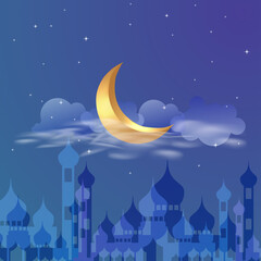 Obraz na płótnie Canvas Islamic festival background. Mosque silhouette in night sky with crescent moon and star, vector illustration.