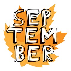 September. Lettering with orange maple leaf.