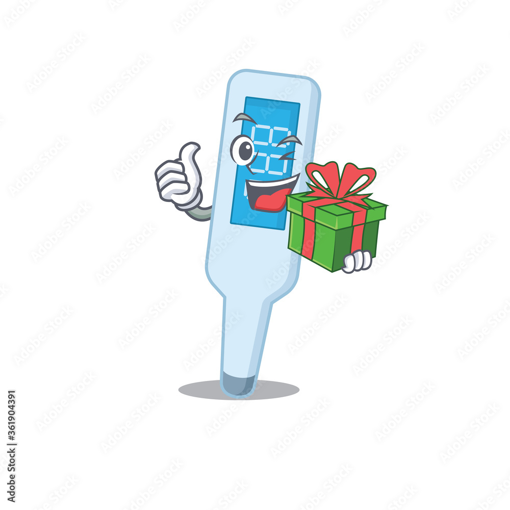 Sticker digital thermometer cartoon character concept with a big gift box