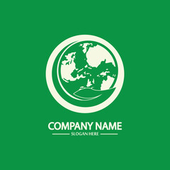 Eco World Nature Global Logo Design Template.World Globe Icon with Leaf Symbol around. Usable for Business, Nature, Environment, Science and Ecology Logos. Flat Vector Logo Design Template Element.