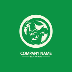 Eco World Nature Global Logo Design Template.World Globe Icon with Leaf Symbol around. Usable for Business, Nature, Environment, Science and Ecology Logos. Flat Vector Logo Design Template Element.