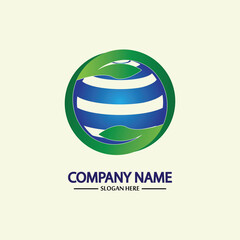 Eco World Nature Global Logo Design Template.World Globe Icon with Leaf Symbol around. Usable for Business, Nature, Environment, Science and Ecology Logos. Flat Vector Logo Design Template Element.