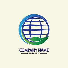 Eco World Nature Global Logo Design Template.World Globe Icon with Leaf Symbol around. Usable for Business, Nature, Environment, Science and Ecology Logos. Flat Vector Logo Design Template Element.