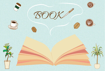 本, 開いた本, 読書, 教科書, 問題集, 参考書, 辞書, 辞典, 新書, 書籍, 雑誌, カフェ, ペン, コーヒー, コーヒー豆, 手描き, ラテアート, 観葉植物, 植物, 葉, ナチュラル, アイコン