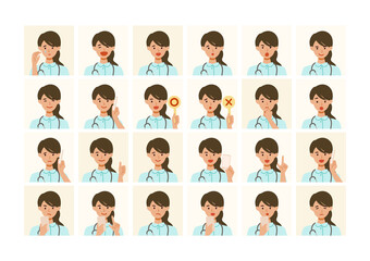 看護師女性の色々な表情イラスト　笑う、怒る、悲しむなど様々なベクターイラストのセット