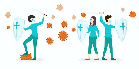 Virus germs and bacteria protection. The healthy immune system, adult man and woman protected from viruses and bacterias by immunity shield vector illustration set. Person resistance and prevention.