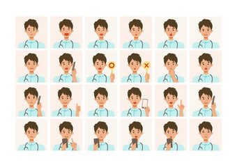.看護師男性の色々な表情イラスト　笑う、怒る、悲しむなど様々なベクターイラストのセット