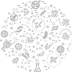 Simple Set of bacteria and virus Related Vector Line Illustration. Contains such Icons as germ, bacillus, instruction, medicine, healthcare, vaccination, antivirus, chemistry and Other Elements. 