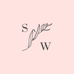 Willow branch with leaves monogram in simple minimal linear style. Abstract Feminine Vector Logo