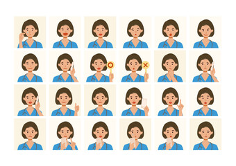 Face expressions of a healthcare professional woman in scrub. Different female emotions and poses set.