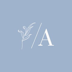 Willow branch with leaves monogram in simple minimal linear style. Abstract Feminine Vector Logo