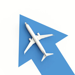 The airplane on the blue arrow is flying to the top. 3d rendering.