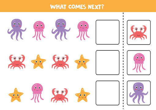Logical game with sea crab, octopus, jelly fish and starfish. Continue the sequence.