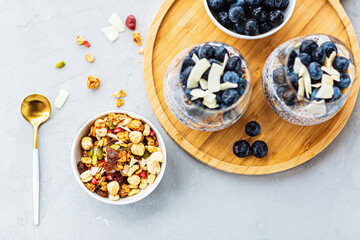 Chia pudding with granola and fresh blueberries in the glasses on a gray concrete background with copy space. Concept of healthy eating, healthy lifestyle, dieting, fitness menu. Selective focus