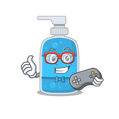 Mascot design style of hand wash gel gamer playing with controller