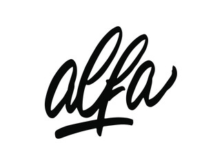 Alfa - handwritten modern calligraphy on white background. concept for stickers, banners, cards, advertisement. Vector design.